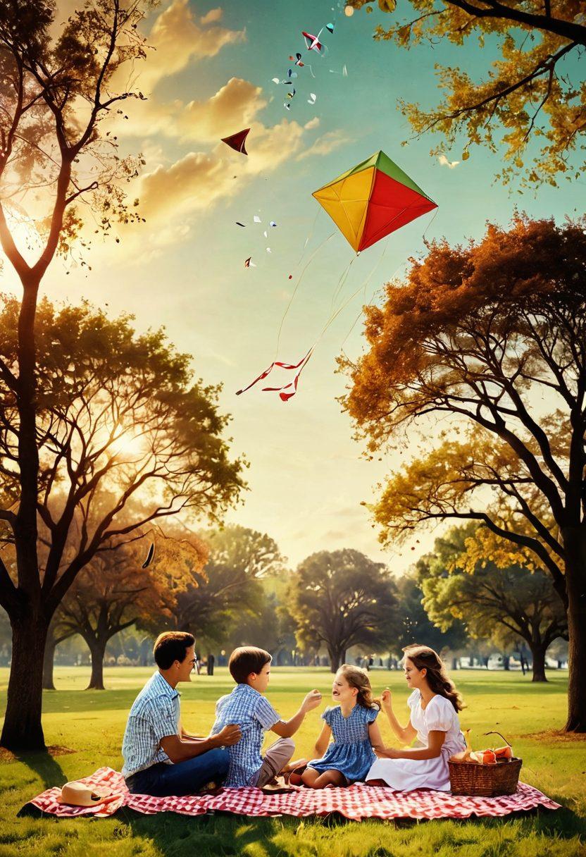 A nostalgic collage showcasing joyful moments: a vintage family picnic in a sunlit park, children playing with a kite, a couple dancing under the stars, and close-ups of laughter-filled faces. Soft, warm colors to evoke happiness, with a dreamy background hinting at fading memories. The scene should have a textured, aged paper look that enhances the feeling of cherished memories. vintage aesthetic. warm tones. dreamy atmosphere.