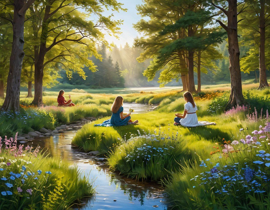 A serene landscape showcasing a sunlit meadow filled with blooming flowers, where a diverse group of people of various ages are joyfully engaging in cherished moments, such as laughing, playing, and sharing stories. In the backdrop, a gentle stream flows, symbolizing the passage of time and memories. The scene radiates warmth and positivity, with soft, golden sunlight filtering through trees, creating a sense of peace and happiness. painting. vibrant colors. natural elements.