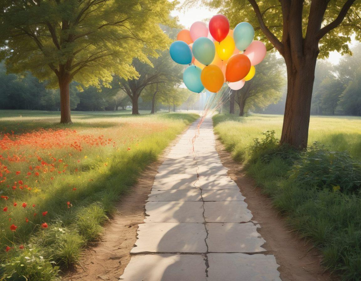 A beautifully illustrated journey depicting a split scene: on one side, shadows of bittersweet memories represented by faded photographs and teardrops, symbolizing nostalgia; transitioning into a vibrant, cheerful side filled with colorful balloons, laughter, and warm sunlight, showcasing happy memories. Elements like a winding path connecting both sides to represent the journey of recollection. pastel colors blending into bright tones. watercolor style.